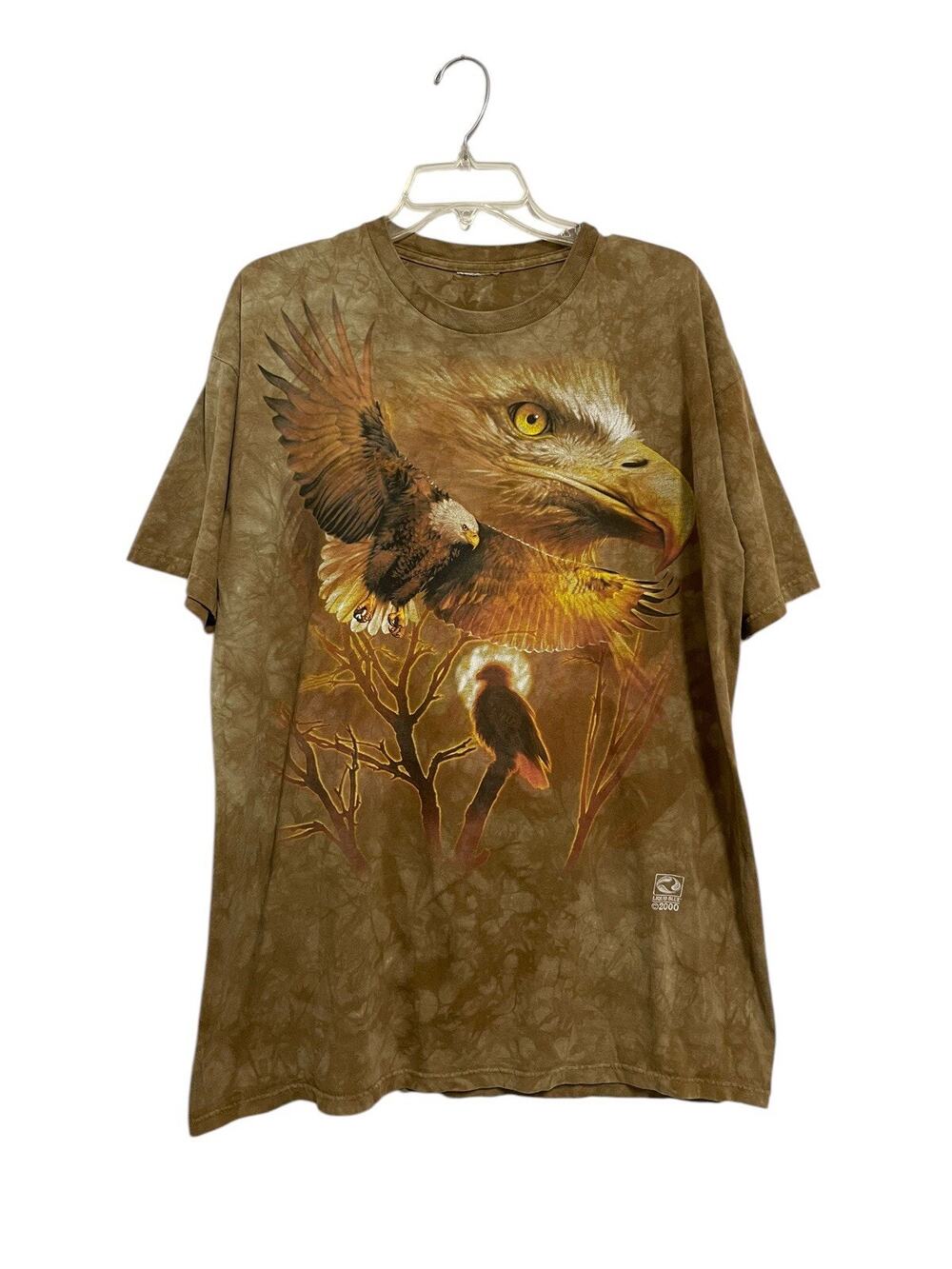 VTG Y2K Liquid Blue T-Shirt Eagle Print Tie Dye Short Sleeve Brown Mens Large